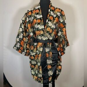 Vintage 1970s Orange and Black Floral reversible Kimono Smoking Jacket Handmade
